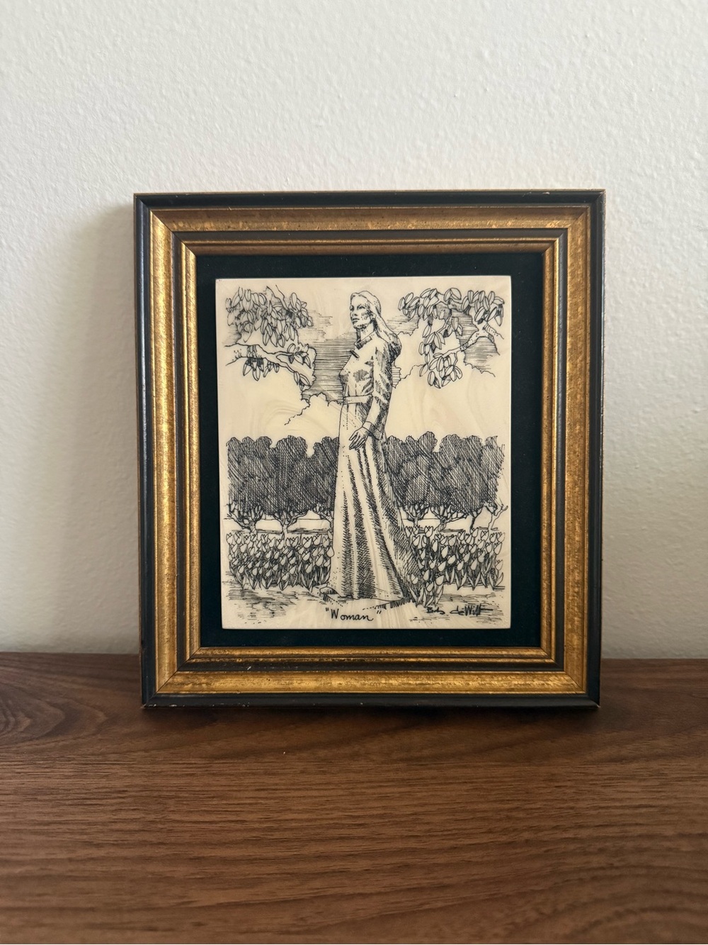 Vintage Bob DeWitt Marble Art Etching “Woman” | Framed Folk Art Wall Decor